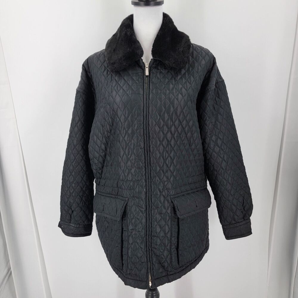 Express Quilted Jacket Womens XS Black Faux Fur Collar Pockets Full Zip FLAW